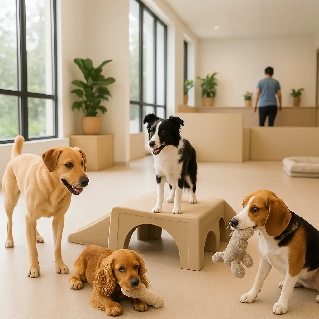 Hunde spielen ruhig in einer modernen Hundetagesbetreuung in Wien